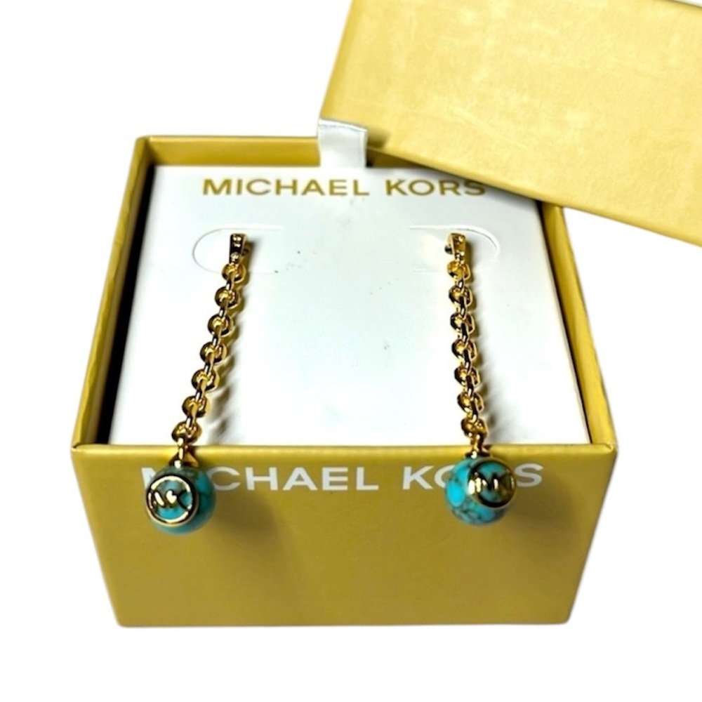 NEW Michael Kors Turquoise earrings. Gold tone. Hanging. MK. Box included